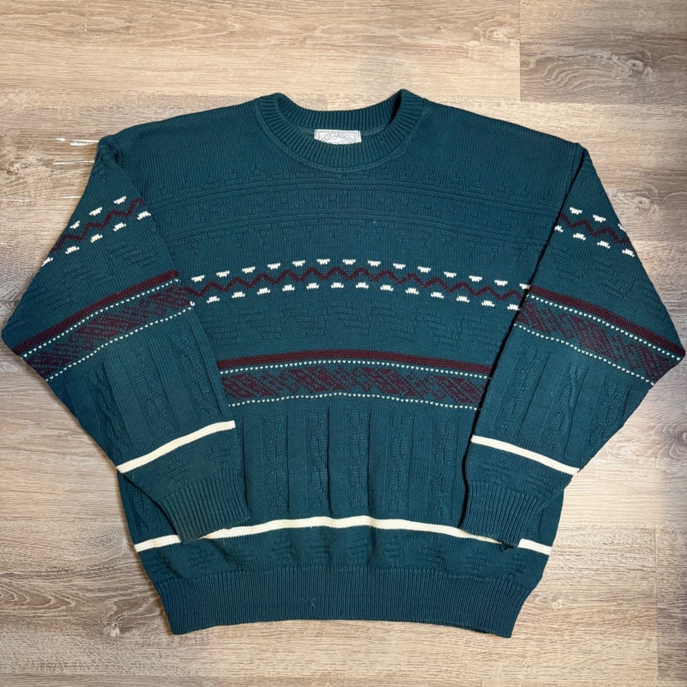 Great Canadian Rugged Wear Mens Teal Geometric Knit Crewneck Sweater Medium